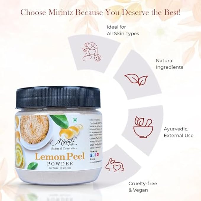 Mirintz 100% NATURAL LEMON PEEL POWDER | (100 GMS) PURE LEMON FACE PEEL MASK FOR COSMETICS & SKINCARE | AYURVEDA PRODUCTS VITAMIN C FACE MASK | LEMON POWDER SKIN PEELING FOR FACE | SKINCARE GIFT SET - Image 4